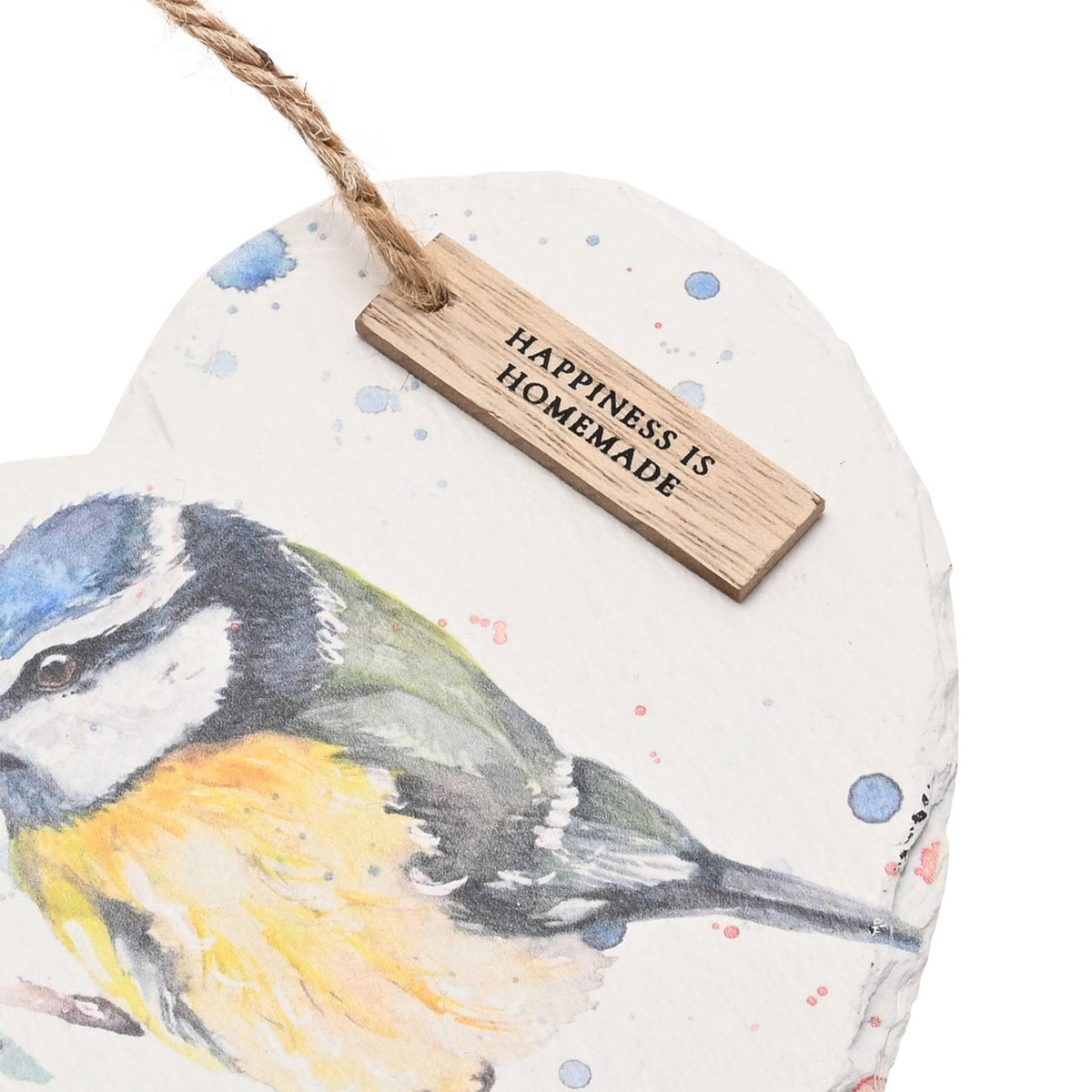 Watercolour Blue Tit Hanging Heart Slate Plaque with Tag