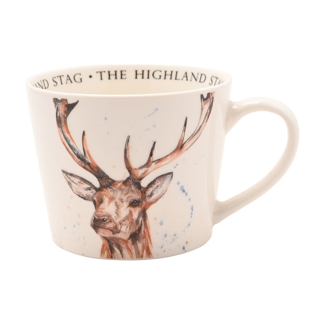 Off-white round cup with a watercolour-style highland stag in russet and brown tones, "The Highland Stag" lettering inside the rim, 340ml, on a white background.