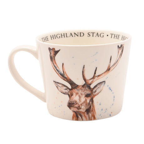Off-white round cup with a watercolour-style stag design in russet tones, "The Highland Stag" lettering inside the rim, 340ml, shown on a plain white background.