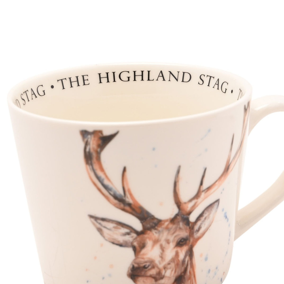 Close-up of The Highland Stag Watercolour Print Cup, 340ml off-white ceramic mug with a russet-toned stag illustration and "The Highland Stag" lettering around the inner rim.
