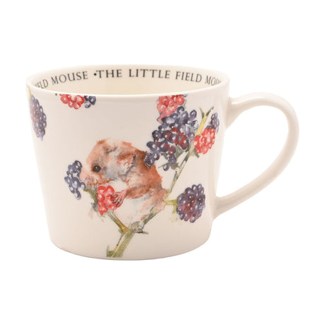 Cream ceramic cup, 340ml, with a watercolour field mouse on a blackberry branch, "The Little Field Mouse" text inside the rim, white background.