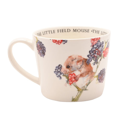 Cream ceramic cup, 340ml, with a watercolour field mouse holding a berry on a blackberry branch, "The Little Field Mouse" text inside rim, white background.