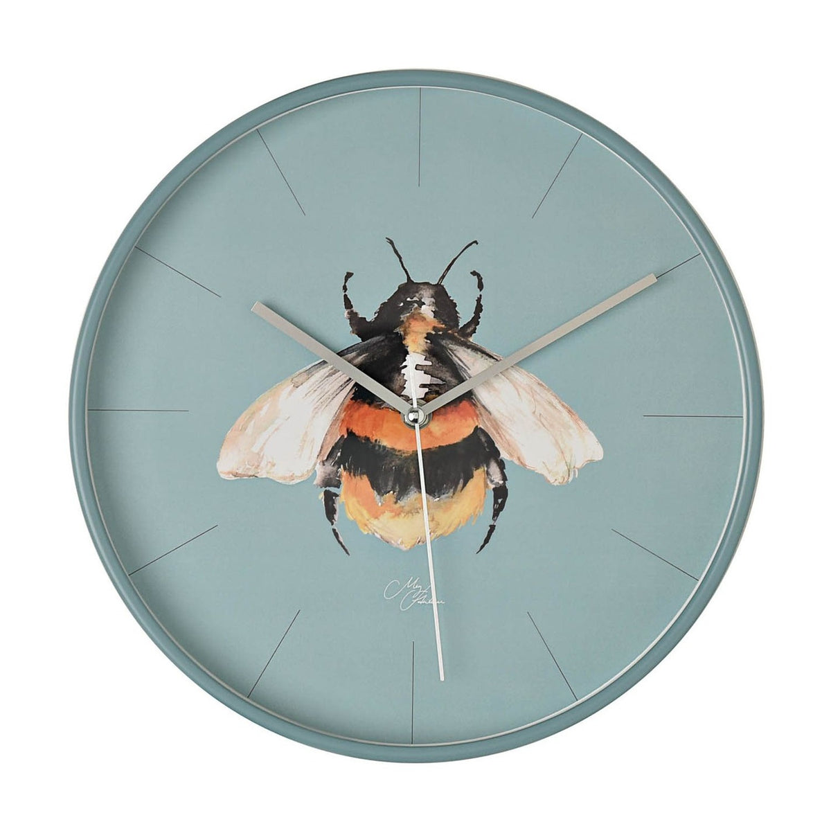 Bee Print Round Wall Clock 30cm with Silver Hands - Blue
