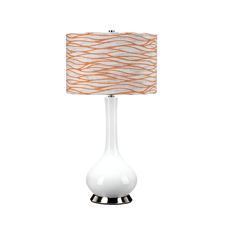 Introducing the Milo 1 Light Table Lamp - Polished Nickel/Orange, which showcases a sleek white elongated base finished with polished nickel. Its cylindrical shade, decorated with an abstract design of wavy orange lines set against a white backdrop, brings an artistic touch to any room.