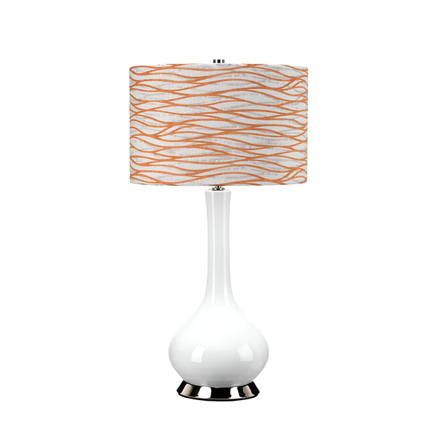 Introducing the Milo 1 Light Table Lamp - Polished Nickel/Orange, which showcases a sleek white elongated base finished with polished nickel. Its cylindrical shade, decorated with an abstract design of wavy orange lines set against a white backdrop, brings an artistic touch to any room.