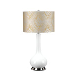 Presenting the Milo 1 Light Table Lamp - Polished Nickel/Yellow, showcasing a stylish white base and a round yellow drum shade adorned with a gold geometric pattern. This polished nickel accent piece elegantly complements its plain white background, striking the perfect balance between modern design and understated sophistication.