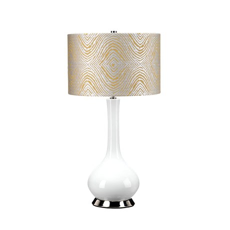 Presenting the Milo 1 Light Table Lamp - Polished Nickel/Yellow, showcasing a stylish white base and a round yellow drum shade adorned with a gold geometric pattern. This polished nickel accent piece elegantly complements its plain white background, striking the perfect balance between modern design and understated sophistication.