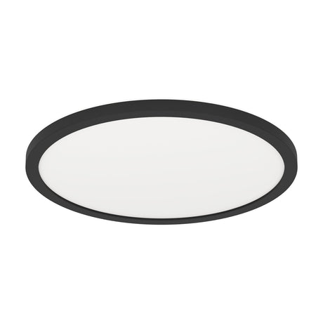 Minerario 30cm round LED flush ceiling light with black plastic body and white diffuser, shown at an angle on a plain white background.