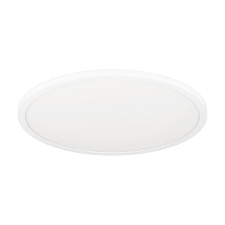Minerario LED Flush Ceiling Light, a round 39cm white plastic fixture with an opal diffuser and slim low-profile body, shown on a plain white background.
