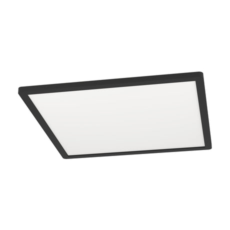 Minerario LED Panel Light 39 x 39cm in black, a square ceiling fixture with a black plastic frame and white diffuser, shown at an angle on a plain white background.