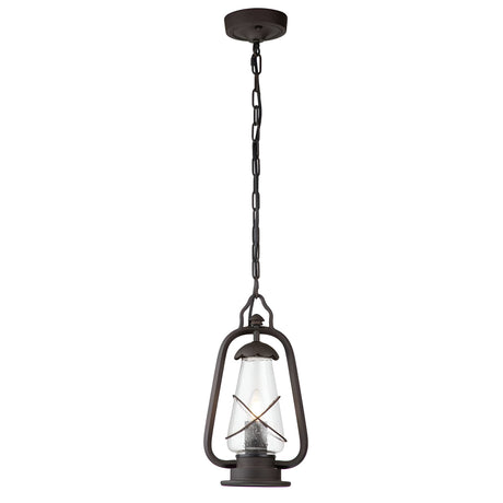 The Miners 1 Light Outdoor Chain Pendant in an Old Bronze finish features a vintage-style hanging lantern with a dark metal frame and clear glass enclosure. Inside, an Edison bulb adds a rustic and industrial charm to the piece.