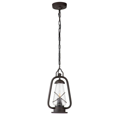 The Miners 1 Light Outdoor Chain Pendant in Old Bronze showcases a vintage lantern design with an Old Bronze metal frame and a clear glass shade. Elegantly suspended from a chain, it beautifully highlights the visible bulb inside, reminiscent of classic outdoor pendant lighting.