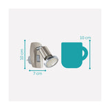 Mini 4 plug-in spotlight in satin nickel and chrome with GU10 bulb, shown beside a 10cm mug icon to illustrate its 10cm height and 7cm width on a light background.