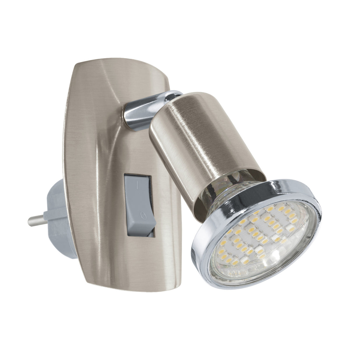 Mini 4 plug-in spotlight in satin nickel and chrome, steel body with rotary switch and adjustable GU10 LED head, shown on a plain white background.