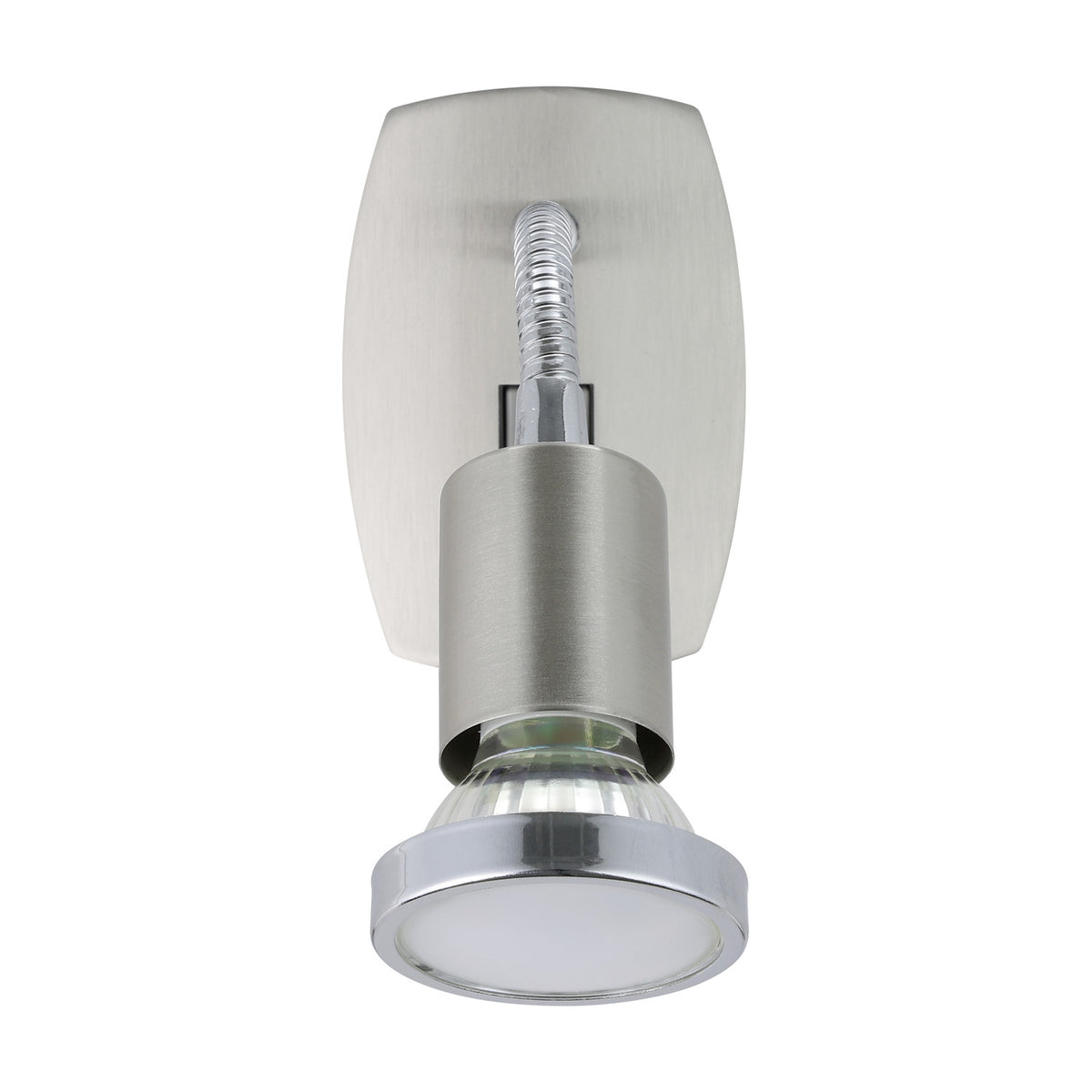 Mini 4 plug-in spotlight with satin nickel backplate, flexible chrome gooseneck arm, and satin nickel spot head with chrome rim holding a GU10 bulb, shown on a plain white background.
