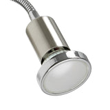 Close-up of the Mini 4 plug-in spotlight's satin nickel spot head with chrome rim and frosted GU10 lamp, attached to a flexible chrome gooseneck arm, shown on a white background.
