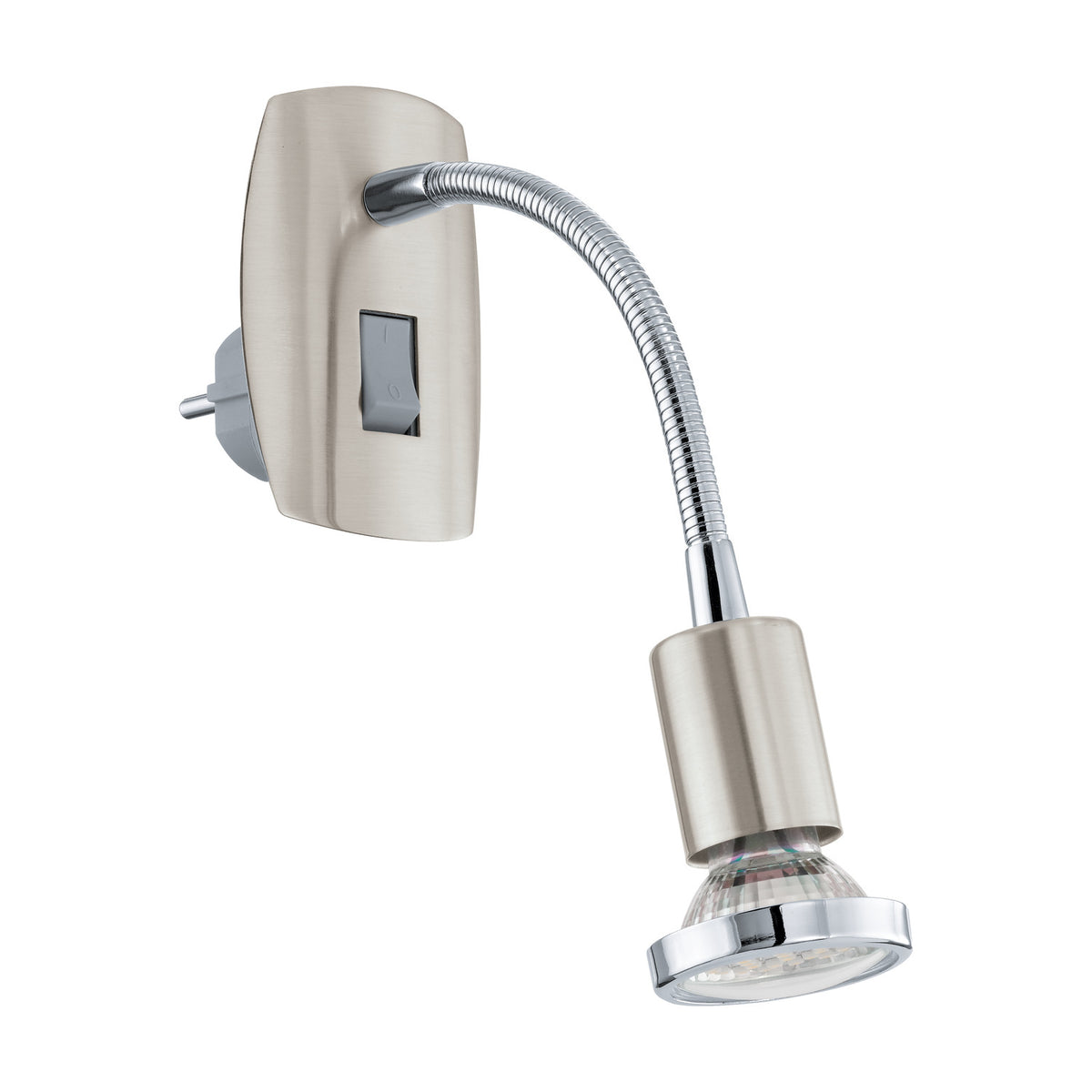 Mini 4 plug-in spotlight with satin nickel backplate, rocker switch, flexible chrome gooseneck arm and GU10 spot head, shown on a plain white background.