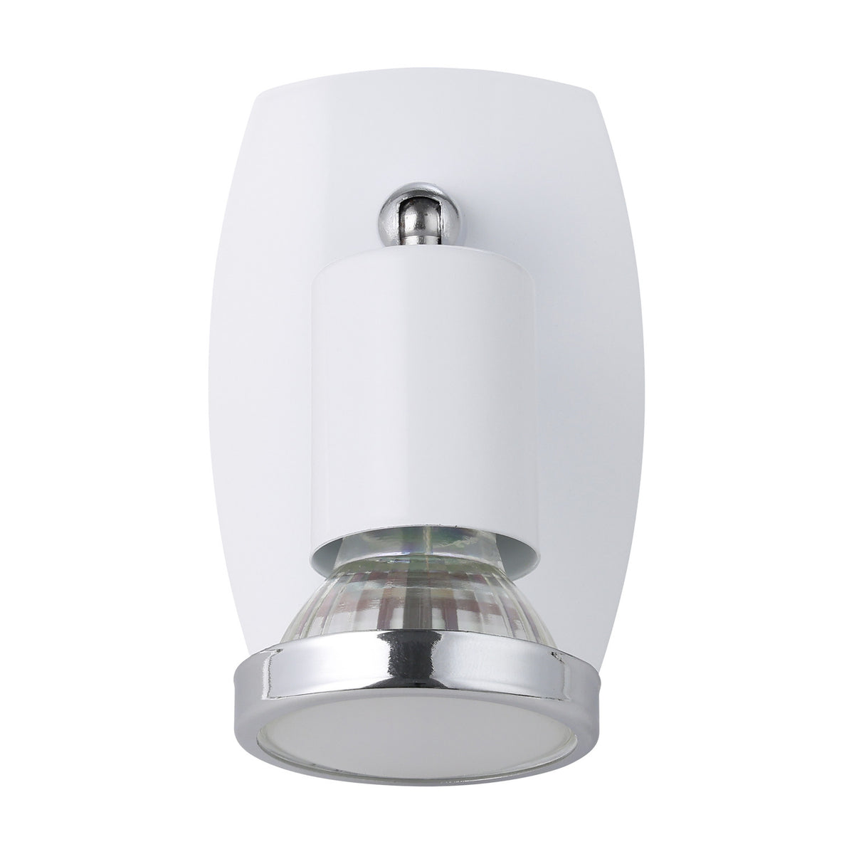 Mini 4 plug-in spotlight with white steel oval back plate, chrome ball joint arm, and white cylindrical GU10 spot head with polished chrome ring, shown on a plain white background.
