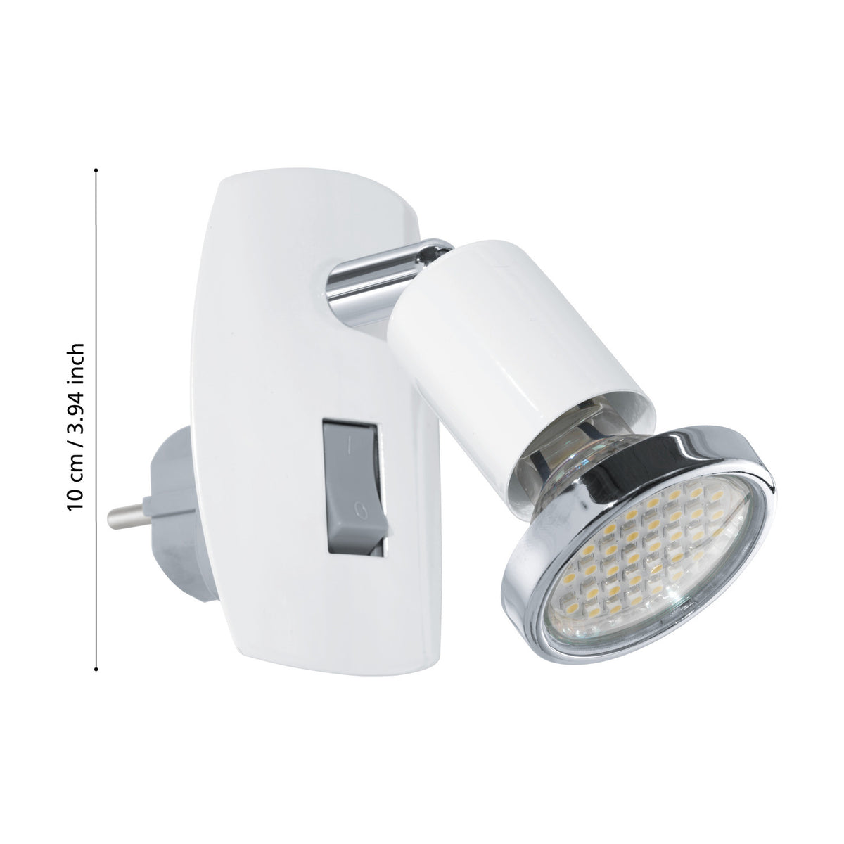 Eglo Mini 4 plug-in spotlight with white steel body, chrome arm and ring detail, rocker switch, and GU10 warm white LED head, shown with 10cm height measurement on a white background.