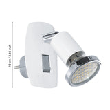 Eglo Mini 4 plug-in spotlight with white steel body, chrome arm and ring detail, rocker switch, and GU10 warm white LED head, shown with 10cm height measurement on a white background.