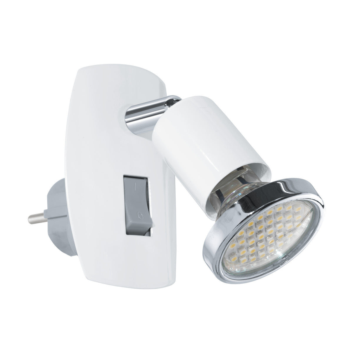 Mini 4 plug-in spotlight with white steel body and chrome arm, rocker switch, and GU10 warm white LED bulb, shown on a plain white background.