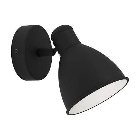 Minvora wall light with a bell-shaped black steel shade, white interior, on an adjustable arm from a round black backplate, GU10 fitting, shown on a plain white background.