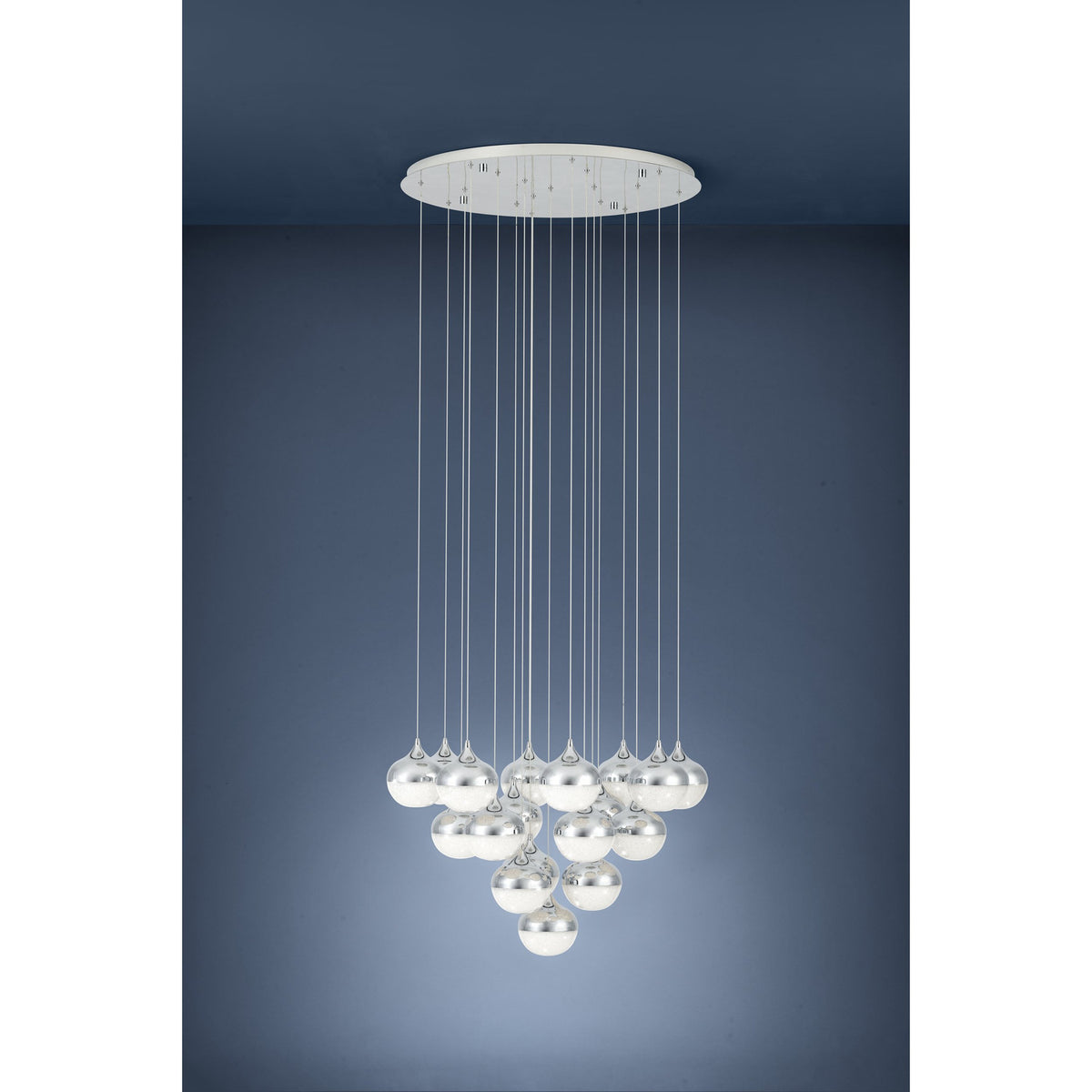 Mioglia 18 Light Pendant in chrome, cluster of globe shades on fine drops at varying heights cascading to a point, chrome tops with clear speckled lower halves, shown against a dark background.