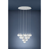 Mioglia 18 Light Pendant in chrome, cluster of globe shades on fine drops at varying heights cascading to a point, chrome tops with clear speckled lower halves, shown against a dark background.