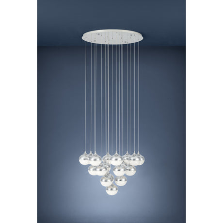 Mioglia 18 Light Pendant in chrome, cluster of globe shades on fine drops at varying heights cascading to a point, chrome tops with clear speckled lower halves, shown against a dark background.