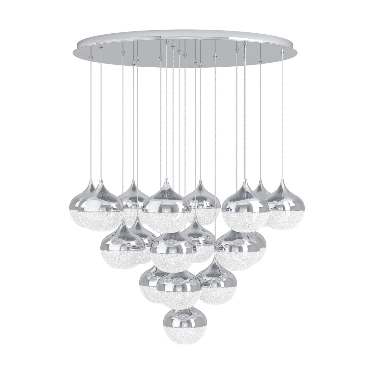 Mioglia 18 Light Pendant in chrome, with globe shades of polished chrome tops and sparkling clear lower halves cascading at varied heights from a round ceiling plate, on a white background.