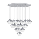 Mioglia 18 Light Pendant in chrome, with globe shades of polished chrome tops and sparkling clear lower halves cascading at varied heights from a round ceiling plate, on a white background.