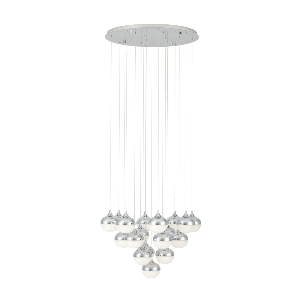 Mioglia 18 Light Pendant in chrome, cluster of globe shades on fine drops at varying heights cascading to a single globe, chrome tops with sparkling clear lower halves, on a plain white background.