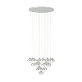Mioglia 18 Light Pendant in chrome, cluster of globe shades on fine drops at varying heights cascading to a single globe, chrome tops with sparkling clear lower halves, on a plain white background.