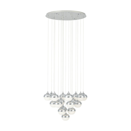 Mioglia 18 Light Pendant in chrome, cluster of globe shades on fine drops at varying heights cascading to a single globe, chrome tops with sparkling clear lower halves, on a plain white background.