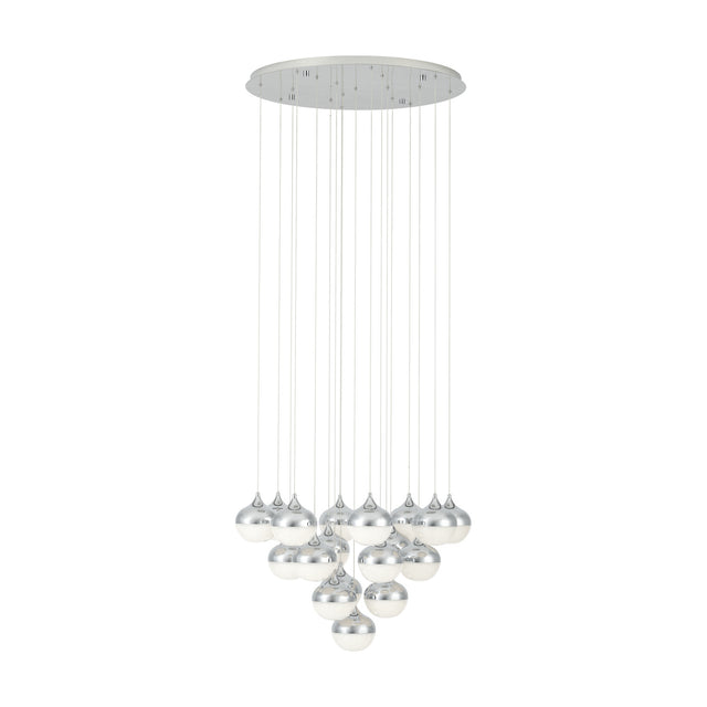 Mioglia 18 Light Pendant in chrome, cluster of globe shades on fine drops at varying heights cascading to a single globe, chrome tops with sparkling clear lower halves, on a plain white background.