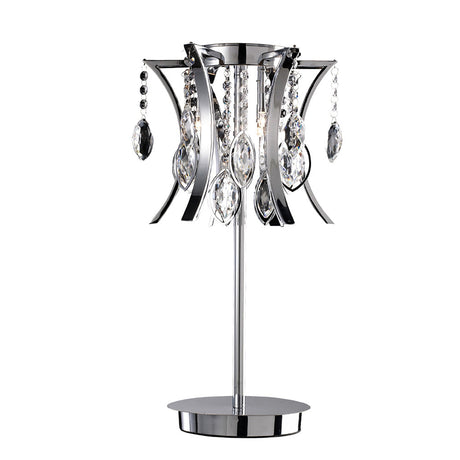 The Mios 3 Light Crystal Table Lamp in polished chrome features curved metal arms and hanging crystal pendants on a round base, casting a luxurious glow with its sparkling reflective surfaces.