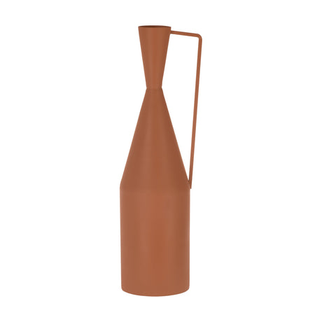 Miouski Metal Vase 49cm in terracotta, a tall cylindrical and cone-shaped design with a flared funnel neck and angular side handle, shown on a plain white background.