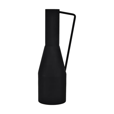 Miouski Metal Vase in matt black, a tall bottle-shaped vessel with rounded base, sloping shoulder, slim neck, and an angular jug-style handle, shown on a plain white background.