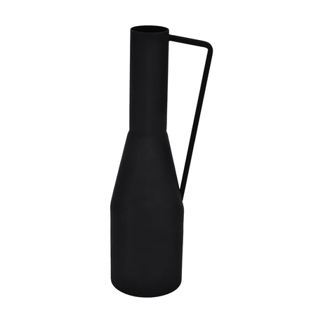 Miouski Metal Vase in matt black, bottle-shaped with a rounded base, slim neck, and an angular jug-style handle, shown on a plain white background.