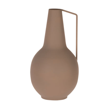 Miouski Metal Vase in sand, a jug-shaped matt metal vase with a round body, tapering neck, and angular single handle, shown on a plain white background.