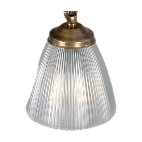 Mirovel Ribbed Glass Pendant Light with a cone-shaped ribbed clear glass shade beneath an antique brass gallery and chain hook, shown on a plain white background.