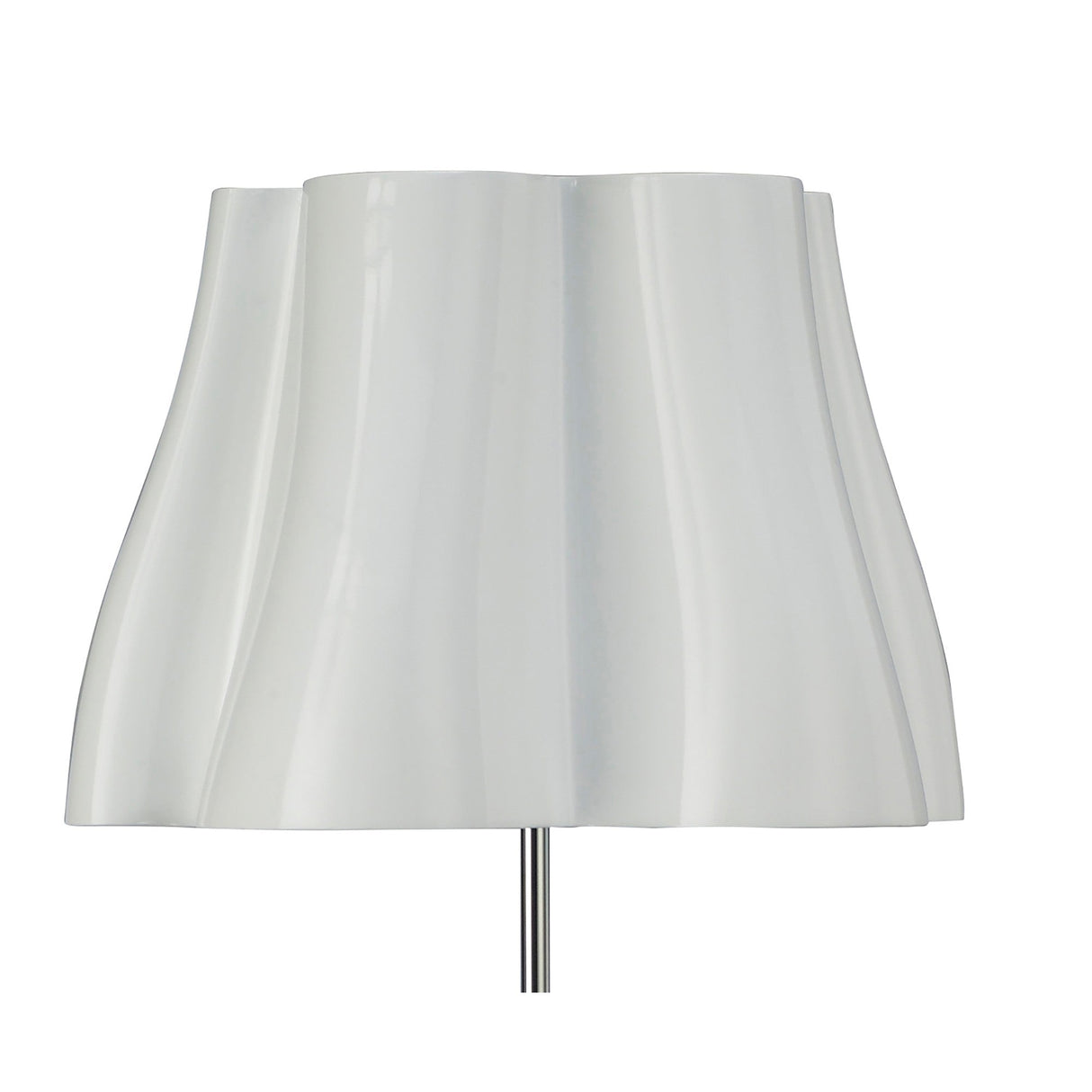 A close-up of the Miss 3 Light Floor Lamp in gloss white with a wavy sculpted shade and polished chrome slim rod, set against a plain white background—ideal for contemporary lighting.