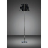 The Miss 3 Light Floor Lamp features a gloss black, wavy shade on a slim polished chrome pole with a round base, shown against a gray gradient backdrop.