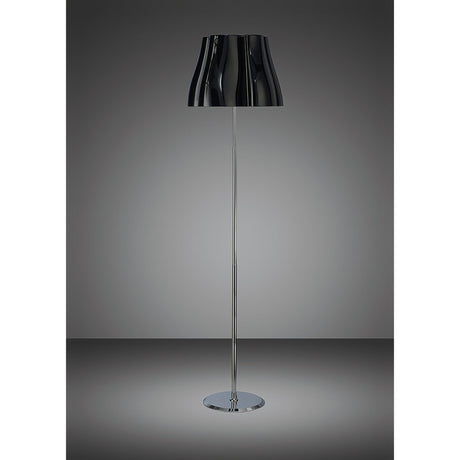 The Miss 3 Light Floor Lamp features a gloss black, wavy shade on a slim polished chrome pole with a round base, shown against a gray gradient backdrop.