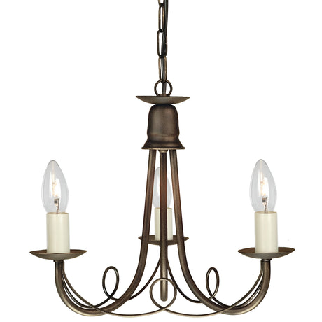 Introducing the Minster 3 Light Chandelier - Black/Gold Patina, a refined lighting fixture showcasing an understated yet sophisticated design. This bronze three-arm chandelier is adorned with subtle gold patina, featuring candle-like light bulbs and exquisite scrollwork detailing, all elegantly suspended by a traditional chain.