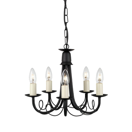 The Minster 5 Light Chandelier in black features five elegantly curved arms, each adorned with a candle-shaped light bulb, hanging gracefully from a chain. Its semi-flush fitting provides a timeless and exquisite enhancement to any room's décor.