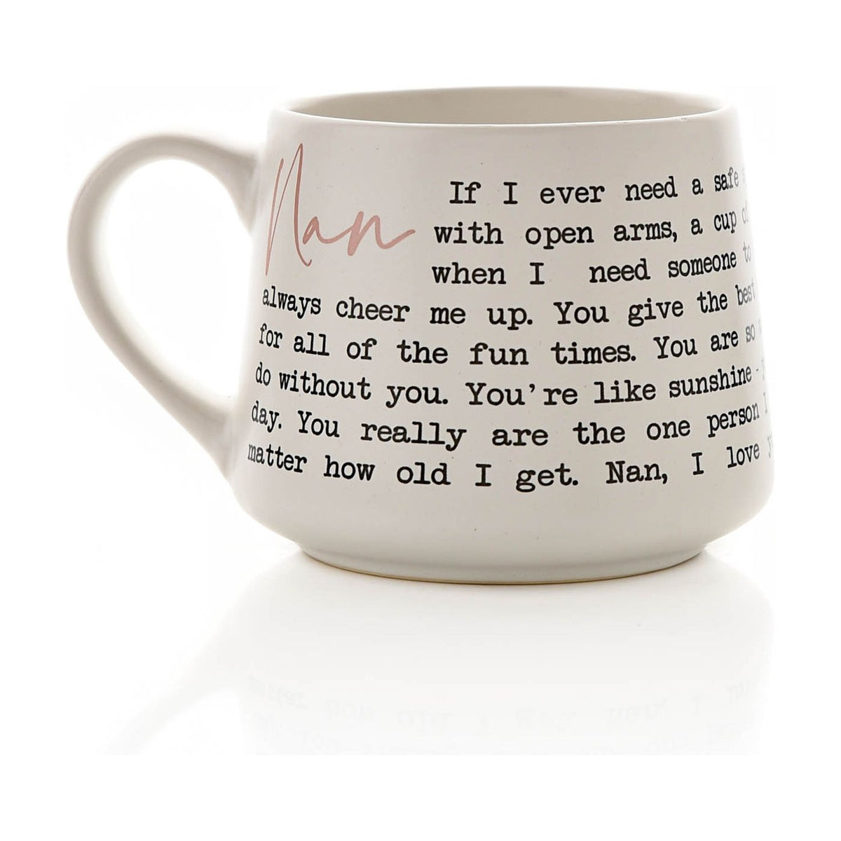Nan Message Stoneware Mug with Rose Pink Script - White