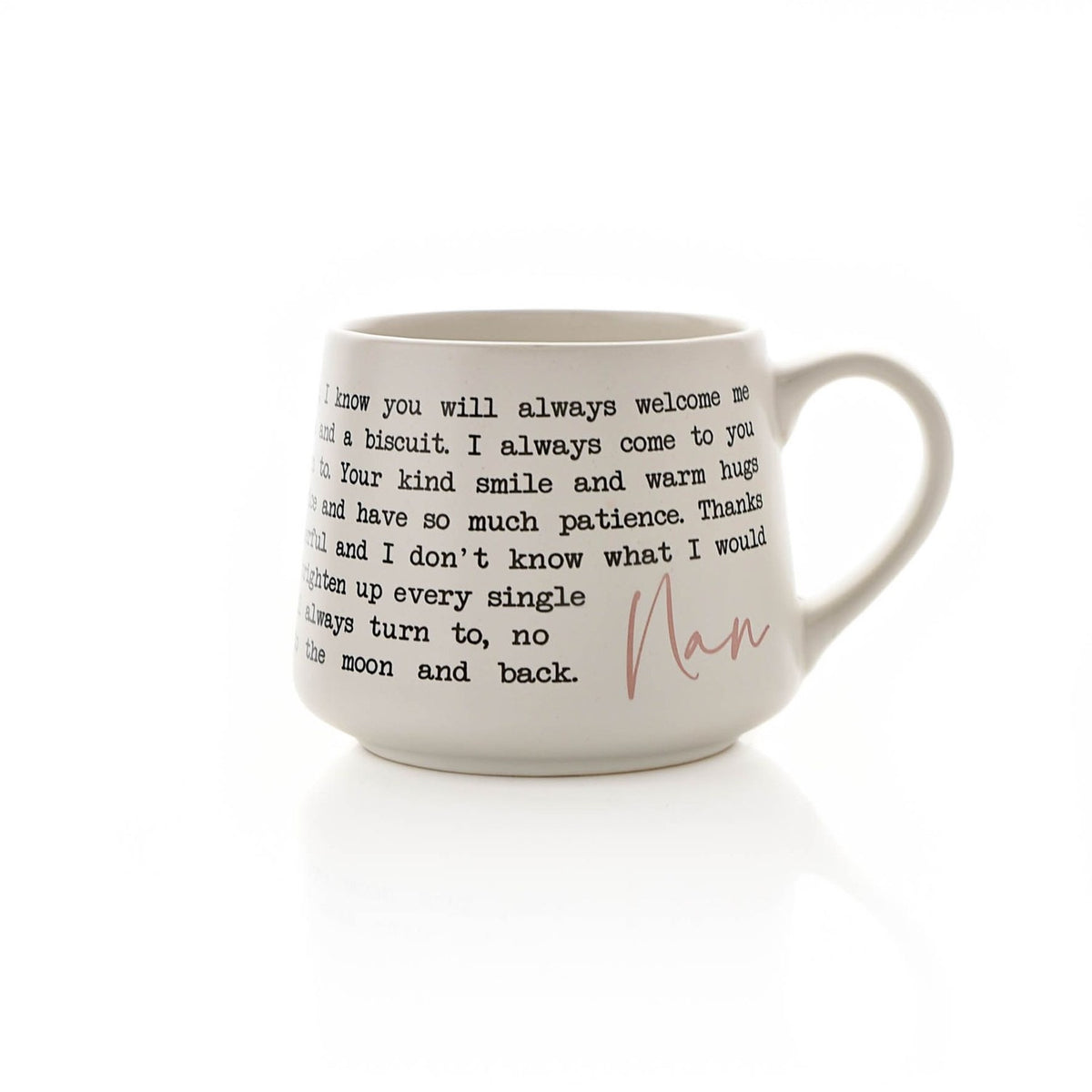 Nan Message Stoneware Mug with Rose Pink Script - White