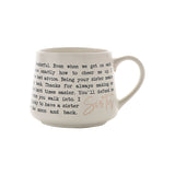 White stoneware mug with black typewriter-style sister message and "Sister" in rose gold script near the handle, shown on a plain background.
