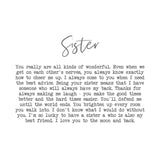 White stoneware "Sister" mug printed with a heartfelt message in black typewriter-style text, featuring "Sister" in rose gold script, shown on a plain white background.
